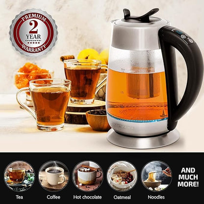 OVENTE Electric Tea Kettle with Temperature Control and Removable Tea Infuser, 1500W Water Boiler and Heater with 1.8L Borosilicate Glass, BPA Free, Auto Shut Off & Boil Dry Protection, Silver KG6610S