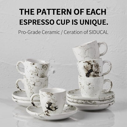 SIDUCAL Espresso Cups Set of 6,2 Ounce Ceramic Coffee Cups with Saucers,Porcelain Double Espresso Shot Cup Set,Gift Box for Boyfriend Gift(White)