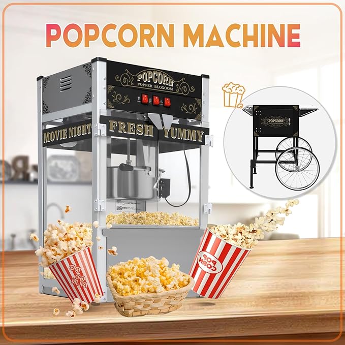 20oz Popcorn Machine with Cart, Wheels & Stainless Steel Kettle, Vintage Movie Theater Style, Popcorn Maker Machine for Parties, Events, Home & Commercial Use, Black
