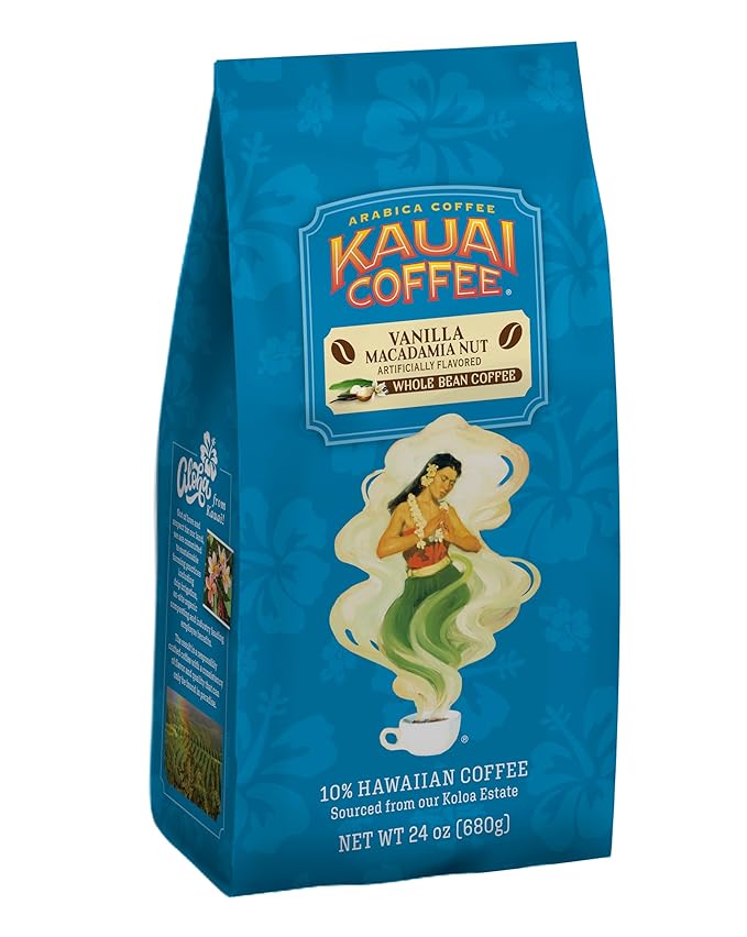 Kauai Coffee Whole Bean Coffee – Smooth, Non-Bitter Medium Roast Pure Arabica – Sweet Aroma, Hint of Nuttiness – Grown on Hawaii's Largest Coffee Farm – Vanilla Macadamia Nut, 1 Pack of 24oz