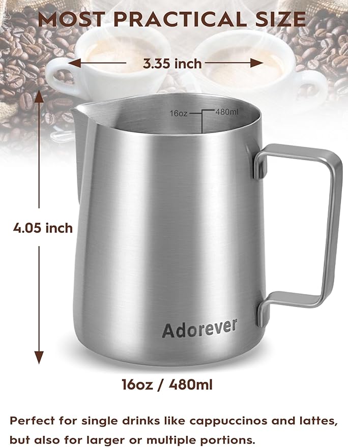 Milk Frothing Pitcher, 16oz Stainless Steel Milk Frother Cup Steaming Pitcher, Cappuccino Espresso Accessories Coffee Bar Barista Tools, Metal Steamer Cup Milk Jug with Latte Art Pen
