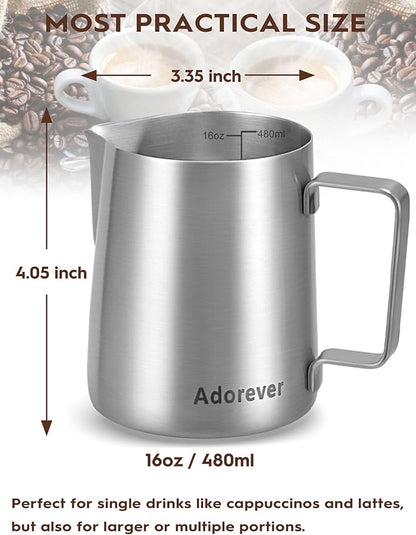 Milk Frothing Pitcher, 16oz Stainless Steel Milk Frother Cup Steaming Pitcher, Cappuccino Espresso Accessories Coffee Bar Barista Tools, Metal Steamer Cup Milk Jug with Latte Art Pen