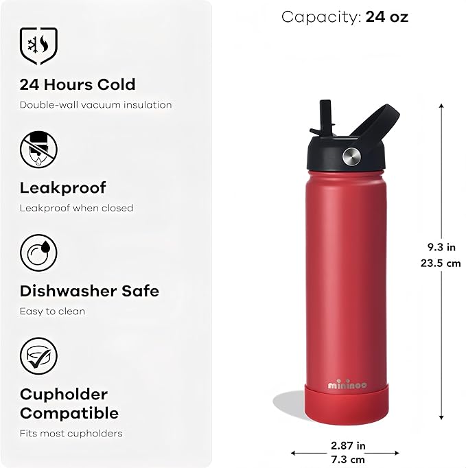 mininoo Insulated Stainless Steel Water Bottle with Straw and Lid for Sports, 24 oz, Red