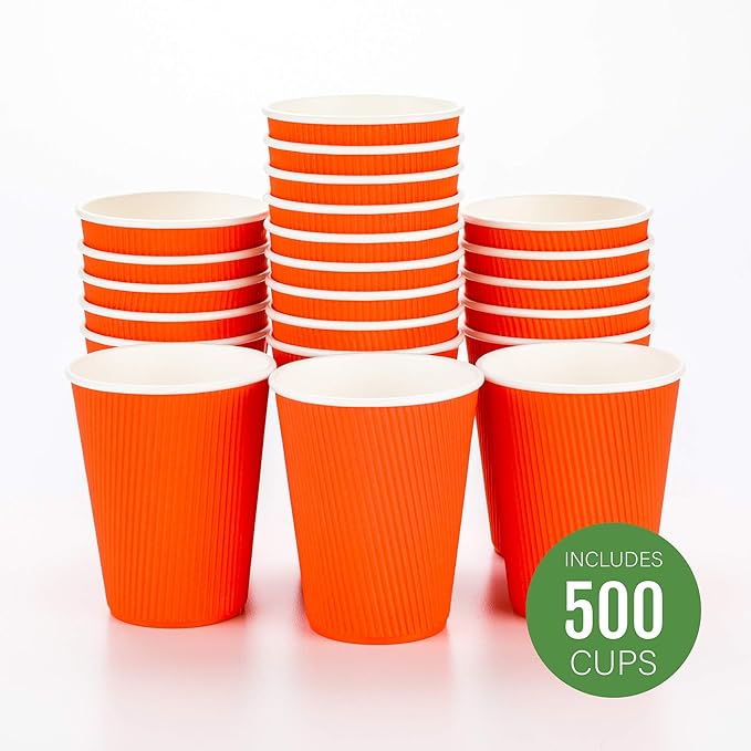Restaurantware-12 Ounce Disposable Coffee Cups, 500 Double Wall Hot Cups For Coffee - Lids Sold Separately, Rolled Rim, Orange Paper Insulated Coffee Cups, For Hot Coffee, Tea, And More