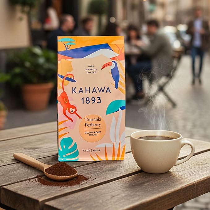 Kahawa 1893 Ground Coffee Medium-Light Roast Tanzania Peaberry Blend 12 Oz - As Seen on Shark Tank, High Antioxidants, Naturally Sweet, Organically Grown, Ethically & Sustainably Sourced