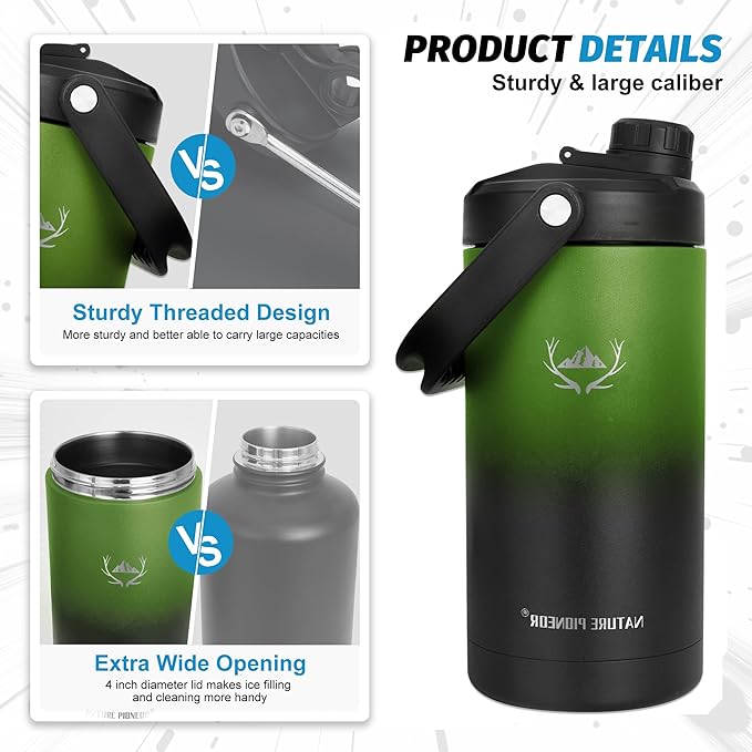 NATURE PIONEOR Insulated Water Bottles with Strap - 64 oz Stainless Steel Vacuum Wide Mouth Bottle with Holder/Carrier/Sleeve - 18/8 Food Grade 64oz Half Gallon Water Jug