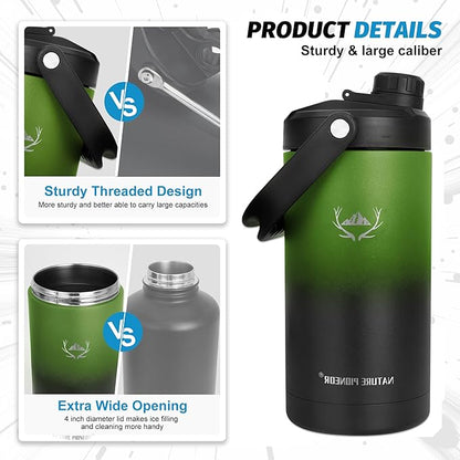 NATURE PIONEOR Insulated Water Bottles with Strap - 64 oz Stainless Steel Vacuum Wide Mouth Bottle with Holder/Carrier/Sleeve - 18/8 Food Grade 64oz Half Gallon Water Jug