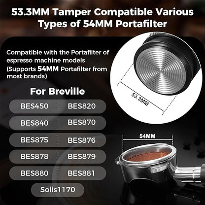 IKAPE Coffee Products, 53MM Espresso Tamper, Premium Barista Coffee Calibrated Tamper with Spring Loaded, 100% Stainless Steel Tamper Compatible with 54MM Breville Bottomless Portafilter (Black)