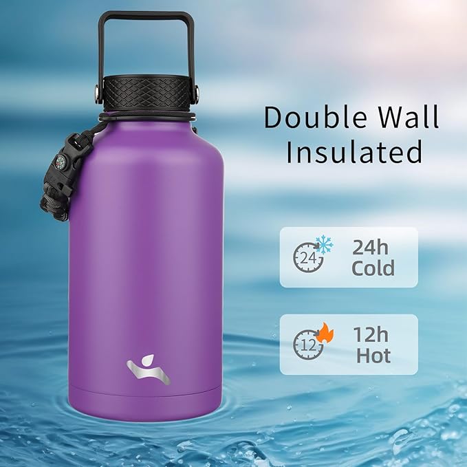 Half Gallon Insulated Water Bottle with Straw,64 oz 3 Lids Water Jug with Carrying Bag,Paracord Handle,Double Wall Vacuum Stainless Steel Metal Flask,Purple