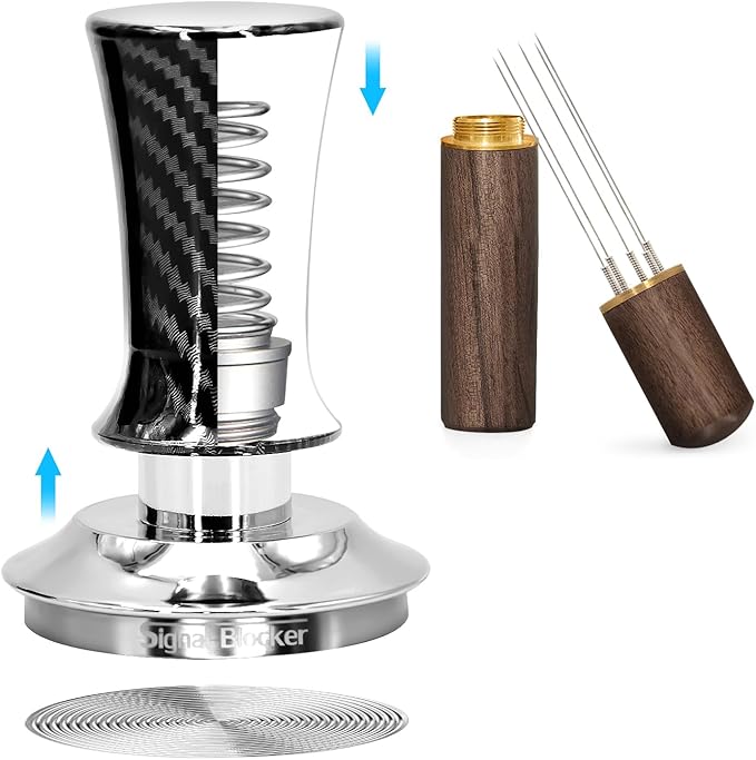 51mm Espresso Coffee Tamper for Espresso Machine: Calibrated Spring Loaded & Stainless Steel Ripple Base - Carbon Fiber Handle with Constant 30lb Fits All 51mm Portafilters | Bundle Including WDT Tool