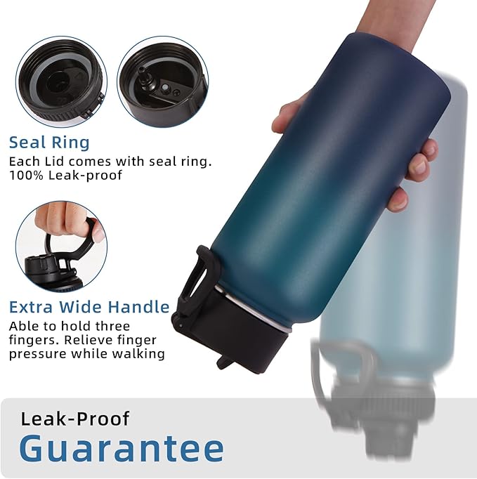 Volhoply 32 oz Water Bottles Bulk 2 Pack with Straw Lid & Spout Lid,Insulated Sports Water Bottle,Double Wall Vacuum Stainless Steel Cups,Leakproof Wide Mouth Metal Flask for Travel(Dark Night,2)