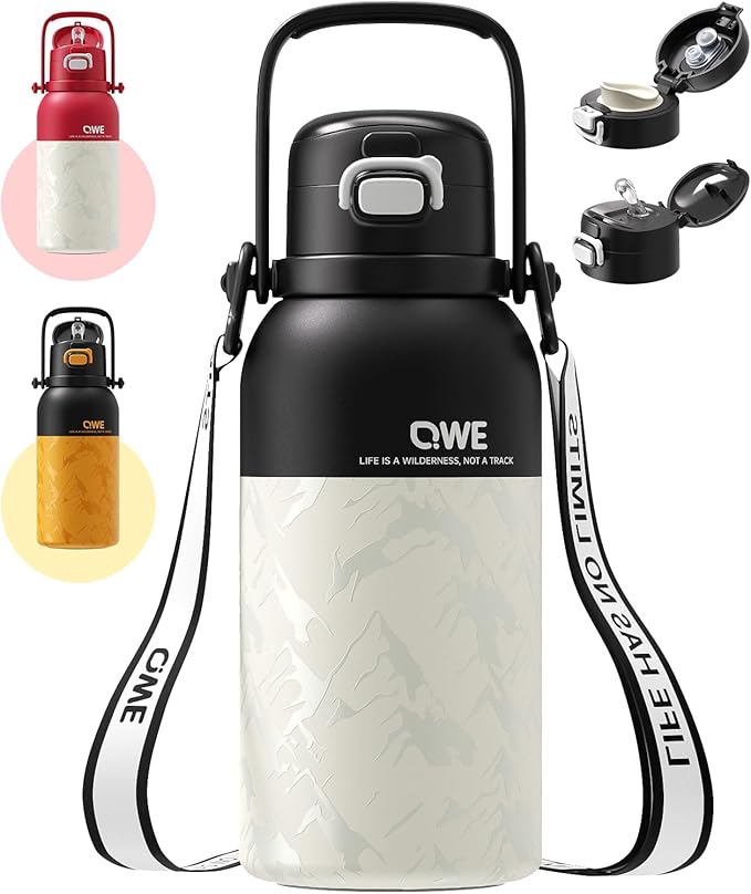 QWE Large Insulated Water Bottle with Straw&Lids,1200ml/40oz Vacuum Sealed Sport Bottles,Double Drinking,Stainless Steel Tumbler with Handle,LeakProof,BPA-Free,for Hiking,Gym,camp (Wilderness Black)