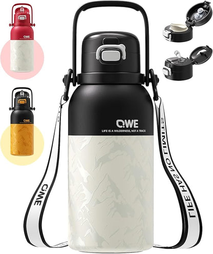 QWE Large Insulated Water Bottle with Straw&Lids,1200ml/40oz Vacuum Sealed Sport Bottles,Double Drinking,Stainless Steel Tumbler with Handle,LeakProof,BPA-Free,for Hiking,Gym,camp (Wilderness Black)