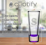 Load image into Gallery viewer, Personalized Shot Glass Purple Bottom Custom 2 oz Cordial Shot Glasses Split Script Initial and Name for Gifts, Weddings, Birthdays, Party, Event, Decorations
