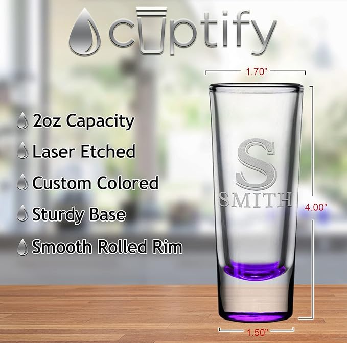 Personalized Shot Glasses Set of 25 Purple Bottom Custom 2 oz Cordial Shot Glass Initial and Name for Gifts, Weddings, Birthdays, Party, Event, Decorations
