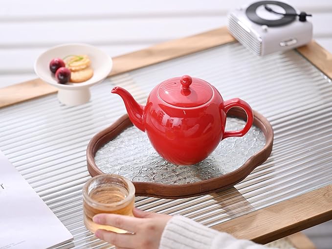 Antique Ceramic Teapot Coffee Pot with Infuser, 400ml (1-2 cups) Small Porcelain Tea Pots for Loose Leaf Tea, with Removable Stainless Steel Strainer and Lid for Gift (Red)