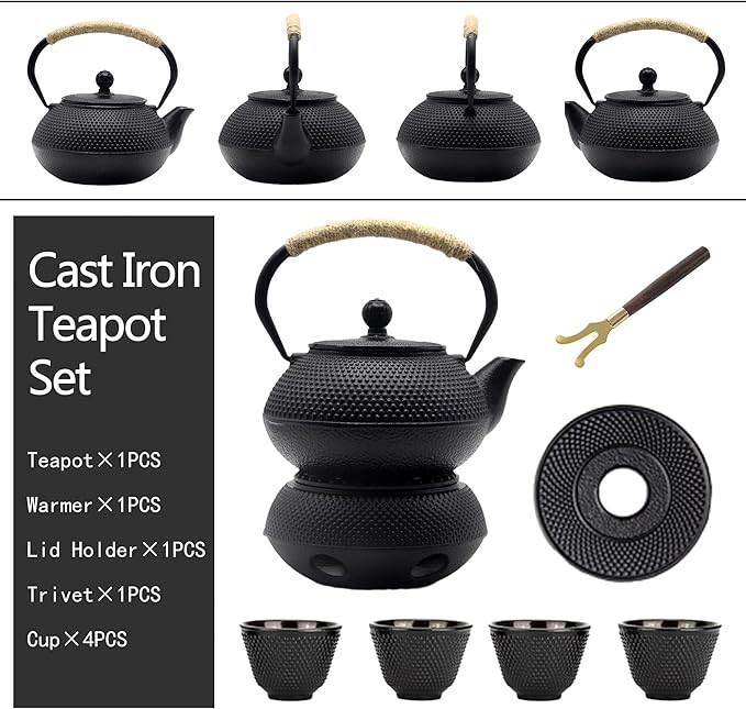 Japanese Tetsubin Tea Kettle Set with Cups, Cast Iron Teapot with Stainless Steel Infuser and Enameled Interior (900ml)