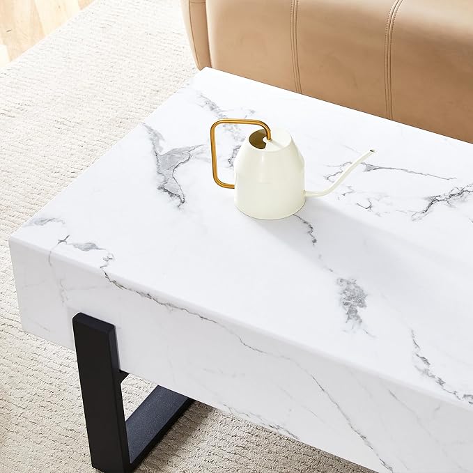 47.2" Marble-Patterned Rectangle Coffee Table MDF Desktop with Metal Legs for Living Room Dining Room Office, White and Black