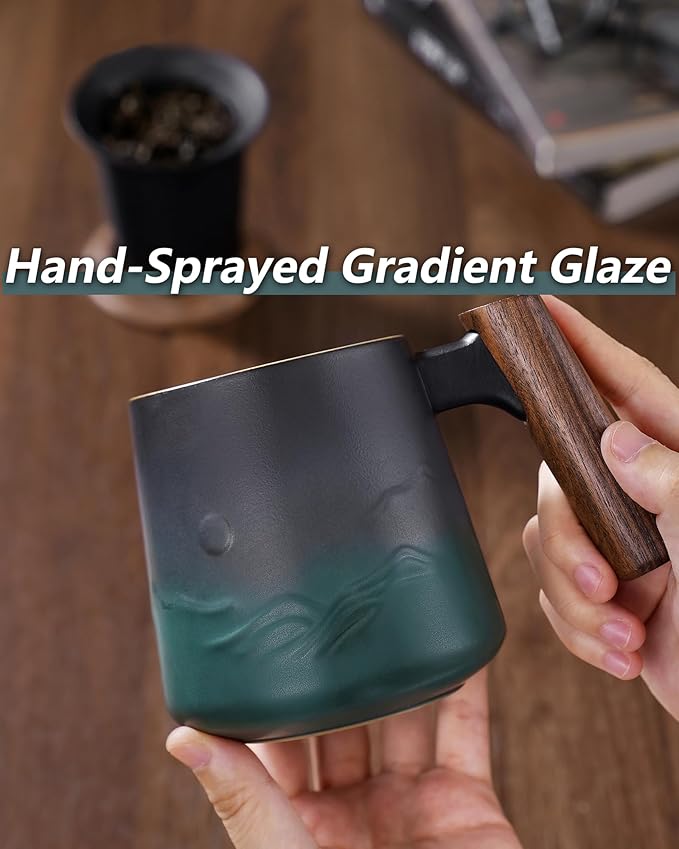 ZENS Embossed Ceramic Tea Mug with Infuser and Lid, 14.5 oz Wooden Handle, Loose Leaf Tea Steeper Mugs & Strainer for Tea Lovers Gifts