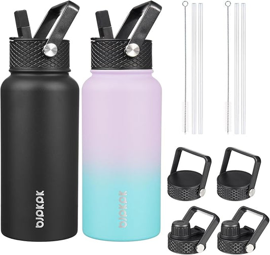BJPKPK 2 Pack Insulated Water Bottles with Straw Lids, 27oz Stainless Steel Metal Water Bottle with 6 Lids, Leak Proof BPA Free Jugs, Cups, Flasks for Travel, Sports (Lavender Green+Black)