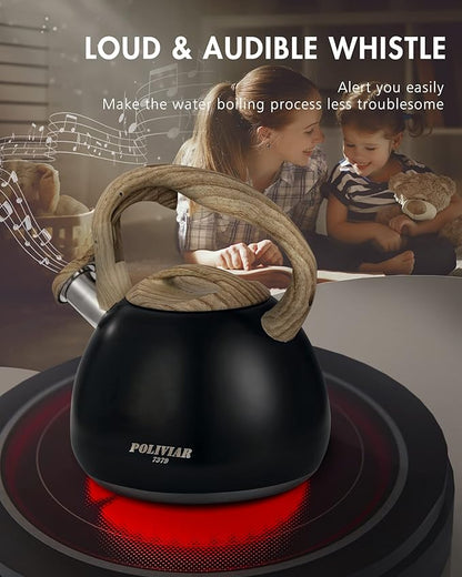 POLIVIAR Tea Kettle, Black Ti Stovetop Tea Kettle 2.7 Quart , Audible Whistling Teapot, Food Grade Stainless Steel for Anti-Rust and Anti Hot Handle, Suitable for All Heat Sources (JX2018-WB20)