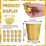 Load image into Gallery viewer, 100 Pack 2 oz Plastic Shot Glasses Disposable Shot Cups, Mini 2oz Party Cups for Graduation, Christmas, Birthday, Wedding, Bachelorette Party (Gold, Black)