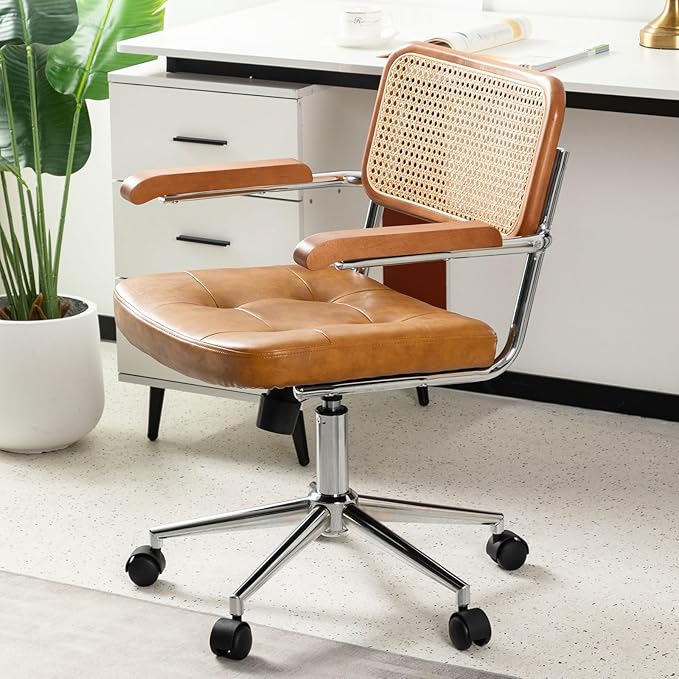 Rattan Office Chairs, Modern Rattan Desk Chair with Natural Back & Wood Armrest, Small Upholstered Tufted Leather Home Office Desk Chairs for Home Ofice, Bedroom, Study, Brown