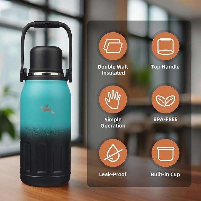 Insulated Water Bottle with Handle and Strap,Vacuum Travel Tumbler with Cup Lid,Thermo Coffee Cup for Hot Cold Drinks 40 OZ,TealBlack