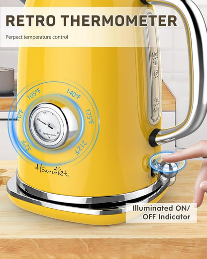 Harriet Electric Kettle, 1.8L Retro Electric Tea Kettle with Thermometer, 1500W Stainless Steel Hot Water Kettle Electric with LED Indicator, Fast Boiling, Cordless, Auto Shut-Off, Yellow