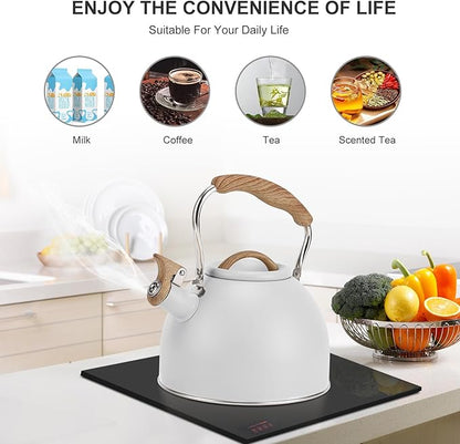 Tea Kettle, Vegoran 100 OZ / 3 Liter Whistling Tea Kettle, Tea Pots for Stove Top Food Grade Stainless Steel with Wood Pattern Folding Handle, Loud Whistle Kettle for Tea, Coffee, Milk (White)