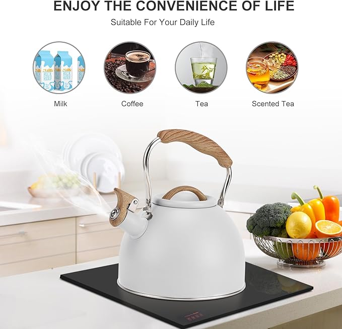 Tea Kettle, Vegoran 100 OZ / 3 Liter Whistling Tea Kettle, Tea Pots for Stove Top Food Grade Stainless Steel with Wood Pattern Folding Handle, Loud Whistle Kettle for Tea, Coffee, Milk (White)