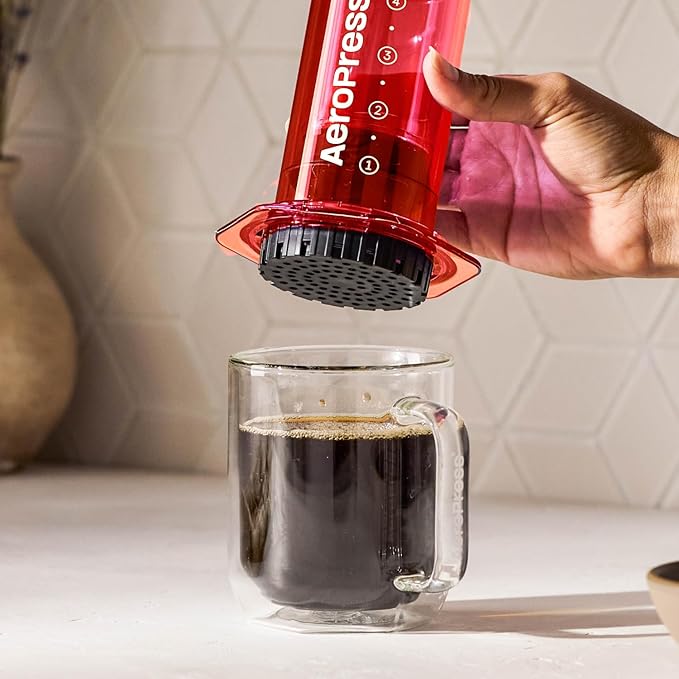 AeroPress Clear Red Coffee Press – 3 In 1 Brew Method Combines French Press, Pourover, Espresso, Full Bodied Coffee Without Grit or Bitterness, Small Portable Coffee Maker for Camping & Travel, Red