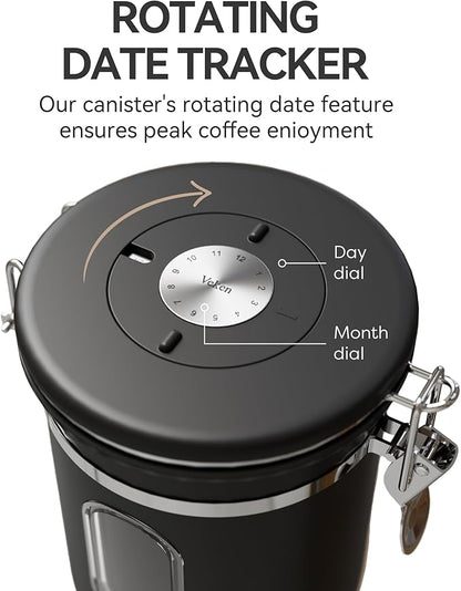 Veken Coffee Canister with Window, Airtight Stainless Steel Kitchen Food Storage Container with Lids, Date Tracker and Scoop for Grounds Coffee, Beans, Tea, Flour, Cereal, Sugar Jars, 16OZ, Black
