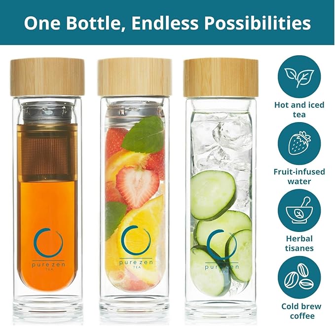 Pure Zen Tea Infuser Bottle - Insulated Glass Bottle for Loose Leaf Infusions - Tea Tumbler with Infuser - Portable Travel Mug for Infused Water - Thermos with Diffuser on the Go - 15 oz