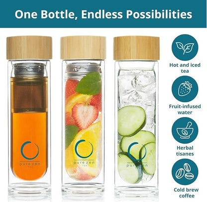 Pure Zen Tea Infuser Bottle - Insulated Glass Bottle for Loose Leaf Infusions - Tea Tumbler with Infuser - Portable Travel Mug for Infused Water - Thermos with Diffuser on the Go - 15 oz