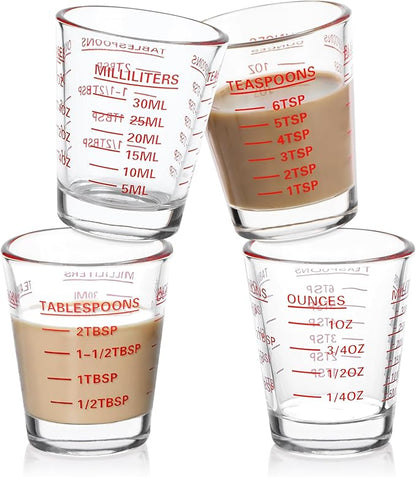 Shot Glasses Measuring Cup Set 4PACK Espresso Shot Glasses Liquid Heavy Glass 26-Incremental Measurement 1 OZ, 2 TBS, 6 TSP, 30 ML Kitchen Tools (Red)