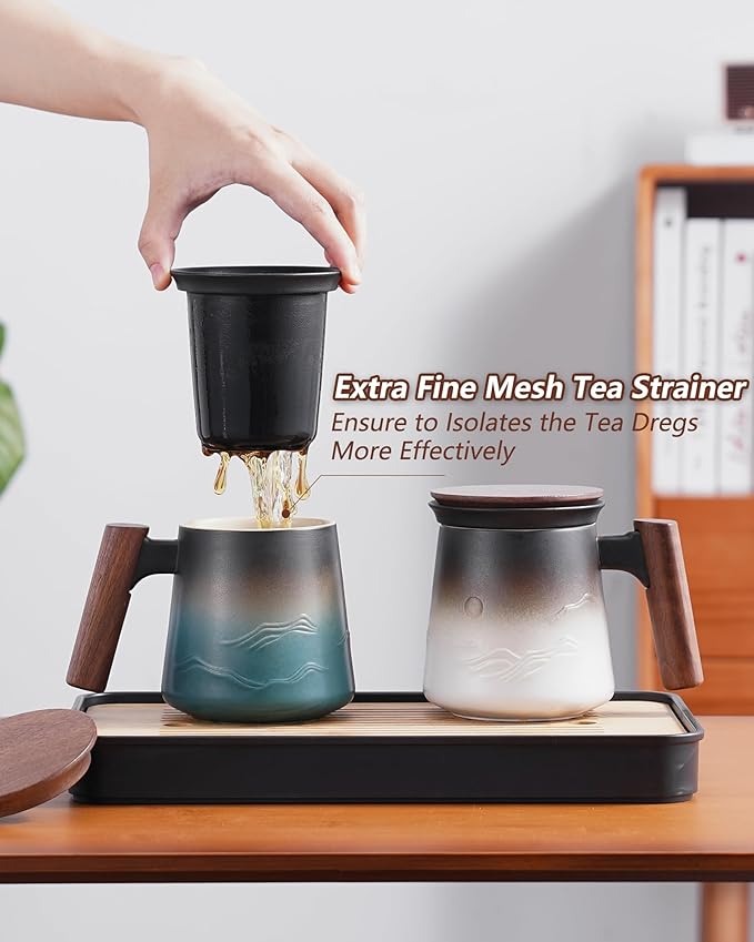ZENS Embossed Ceramic Tea Mug with Infuser and Lid, 14.5 oz Wooden Handle, Loose Leaf Tea Steeper Cup & Strainer for Tea Lovers Gifts