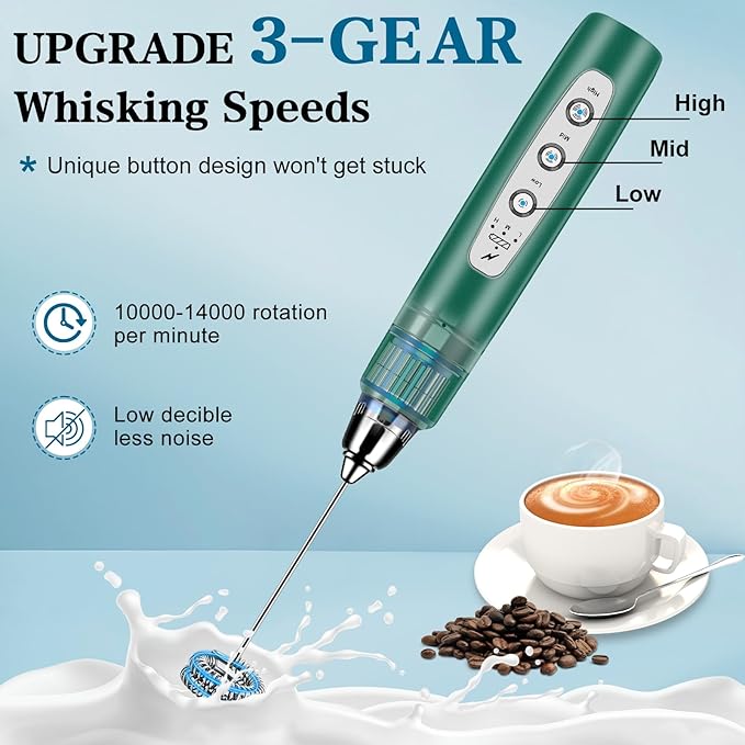 Milk Frother Handheld for Coffee, Electric Whisk 3 Speed Adjustable, Drink Mixer with Stainless 3 Whisks, Rechargeable Hand Frother Wand, for Latte Cappuccino Hot Chocolate Egg Green