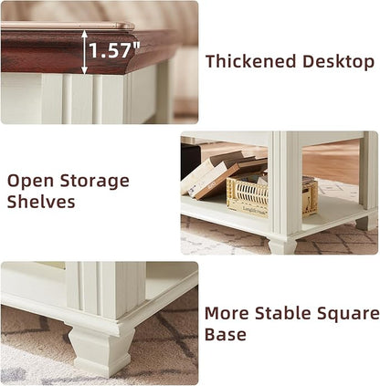 Farmhouse Coffee Tables for Living Room,Square Tea Table with Open Storage Shelf,Large Coffee Table,Rustic Wooden Center Table,White
