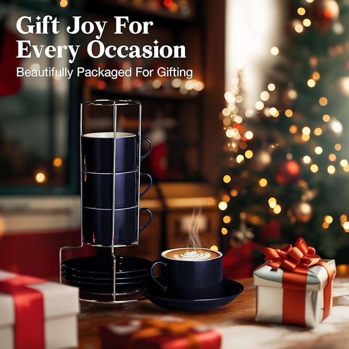 8 Ounce Blue Porcelain Stackable Cappuccino Cups with Stainless Steel Holder, Set of 4, Durable Ceramic, Perfect for Home, Office or Gift