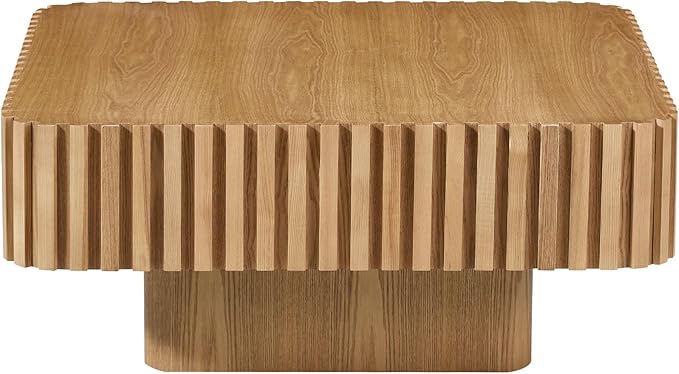 Square Wood Coffee Table for Living Room Modern Drum Wooden Fluted Handcraft Center Tea Cocktail Small Space, Easy Assembly 31.5" W x13.77 H Oka