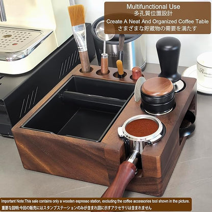 Espresso tamping station and knock box,Wooden portafilter holder,Espresso organizer station box,Tamping station fit for storage 51/54/58mm coffee accessories,Multifunctional espresso station