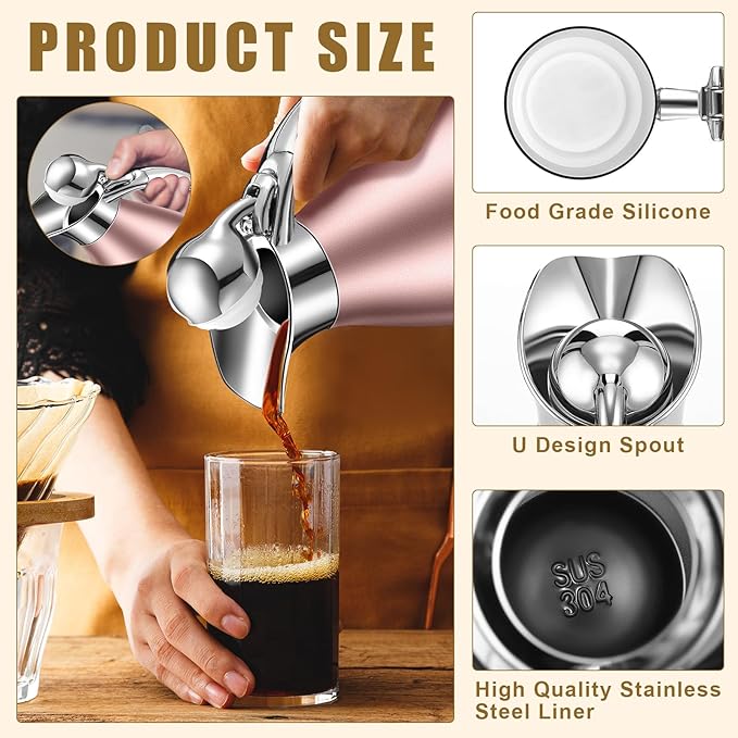Uiifan 2 Pcs 68 oz Thermal Coffee Carafe Insulated Stainless Steel Coffee Carafe for Hot Liquids Vacuum Thermal Pot Creamer Dispenser with Brushes Keeping Hot Tea Milk Water(Rose Gold)