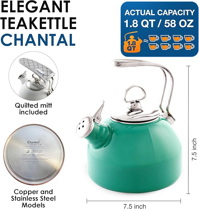 Chantal Classic Teakettle, 1.8 QT, Enamel On Steel, 2-Tone Harmonica Whistle, Rapid Boil and Even Heating (Spearmint)