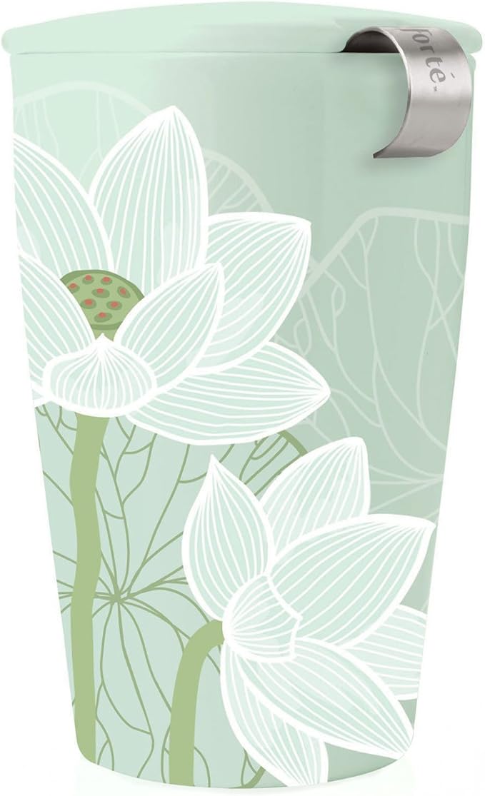 Tea Forte Lotus Double-Walled Ceramic Kati Cup with Removable Stainless Steel Infuser Basket and Lid, Steeps 12 oz Loose Leaf Tea, Lid and Cup Dishwasher & Microwave Safe
