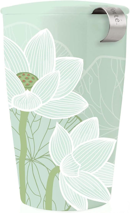 Tea Forte Lotus Double-Walled Ceramic Kati Cup with Removable Stainless Steel Infuser Basket and Lid, Steeps 12 oz Loose Leaf Tea, Lid and Cup Dishwasher & Microwave Safe