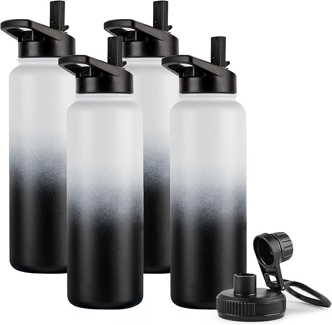 DOMICARE 40 oz Insulated Water Bottle Bulk, Vacuum Insulated Stainless Steel Sports Water Bottle with Straw Lid & Spout Lid, Leakproof, Reusable - Travel, Camping, Bike, Black White Gradient (4 Pack)