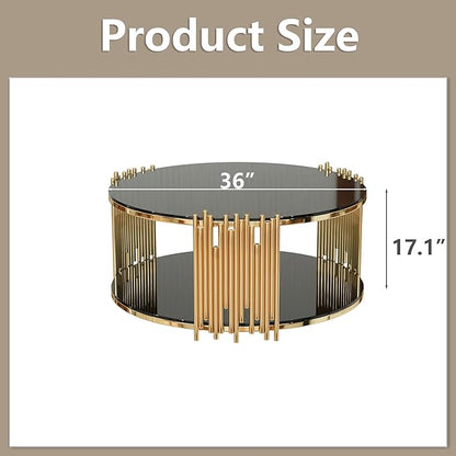 Round Coffee Table with Gold Stainless Steel Base, 2-Tier Black Glass Coffee Table Center Table, Modern Coffee Table Circular Living Room Table Cocktail Tables, Circle Center Tables