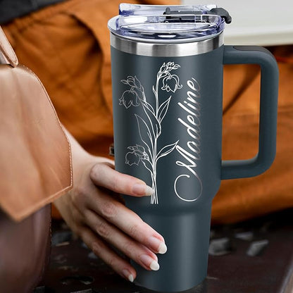 Personalized 40 Oz Tumbler with Handle Made in USA Custom Tumbler with Name & Birth Flower Month, Stainless Steel Travel Coffee Mug Cup, Birthday Gifts Personalized Gifts for Women Men