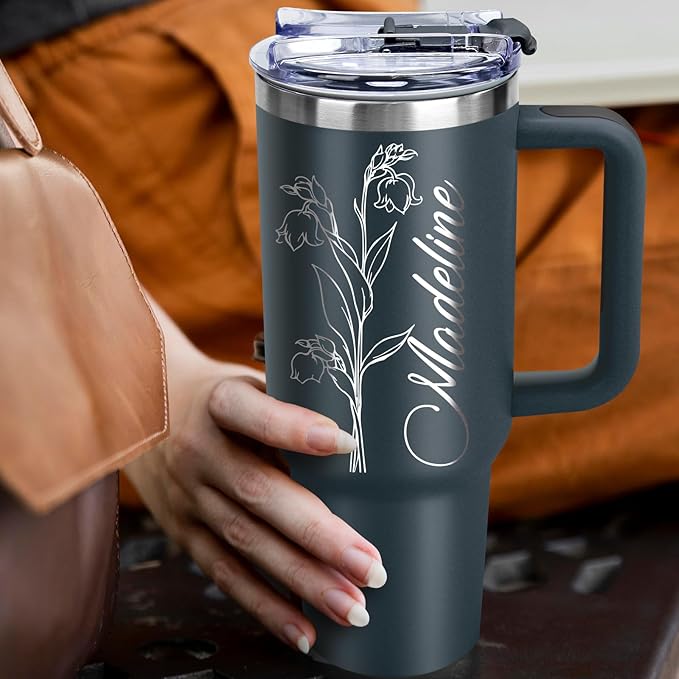 Personalized 40 Oz Tumbler with Handle Made in USA Custom Tumbler with Name & Birth Flower Month, Stainless Steel Travel Coffee Mug Cup, Birthday Gifts Personalized Gifts for Women Men